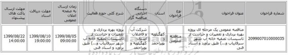 مناقصه عمومی یک مرحله ای پروژه بهره برداری و تعمیرات و حراست  از تاسیسات تصفیه خانه آب شهر سرفاریاب و...) طبق برآورد و اسناد فنی