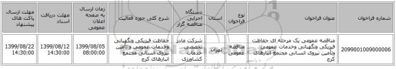 مناقصه عمومی یک مرحله ای حفاظت فیزیکی ونگهبانی وخدمات عمومی وتأمین نیروی انسانی مجتمع انبارهای کرج