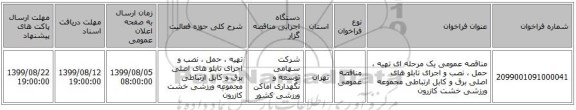 مناقصه عمومی یک مرحله ای تهیه ، حمل ، نصب و اجرای تابلو های اصلی برق و کابل ارتباطی مجموعه ورزشی خشت کازرون