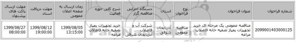 مناقصه عمومی یک مرحله ای خرید تجهیزات پمپاژ تصفیه خانه فاضلاب مراغه