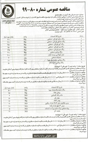 مناقصه, مناقصه خرید متریال رنگ آمیزی در سطح مجتمع 