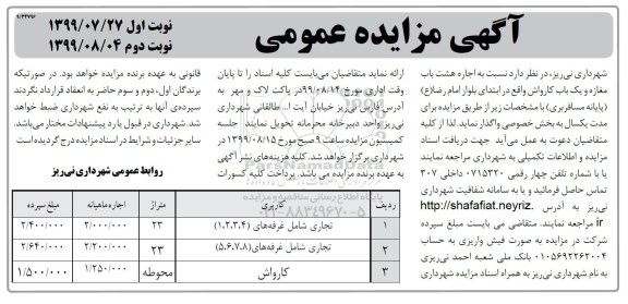 مزایده، مزایده واگذاری هشت باب مغازه و یک باب کارواش - نوبت دوم