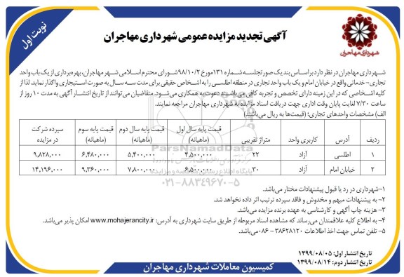 تجدید مزایده بهره برداری از یک باب واحد تجاری - خدماتی... 