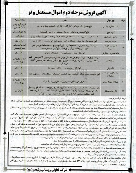 مزایده، مزایده فروش مرحله دوم اموال مستعمل و نو