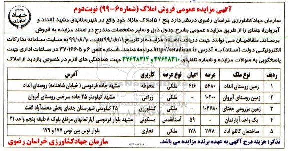 مزایده مزایده فروش 5 املاک مازاد نوبت دوم 