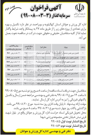 فراخوان سرمایه گذار ,فراخوان سرمایه گذار تکمیل زمین چمن ....نوبت دوم 