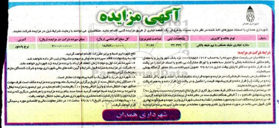 مزایده مزایده فروش یک قطعه تجاری 21.92 مترمربع