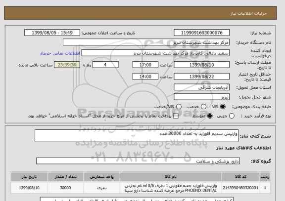 استعلام وارنیش سدیم فلوراید به تعداد 30000 عدد 