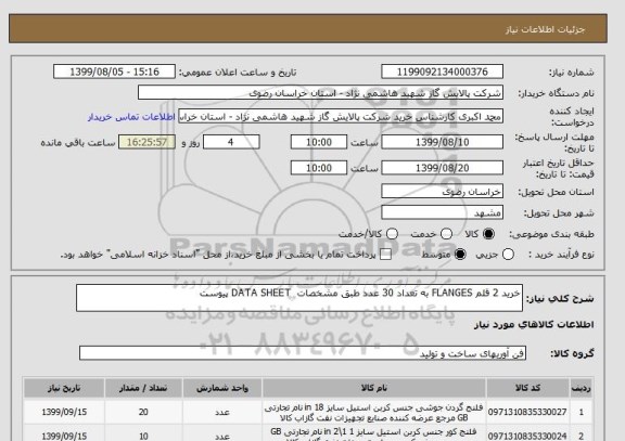 استعلام خرید 2 قلم FLANGES به تعداد 30 عدد طبق مشخصات  DATA SHEET پیوست