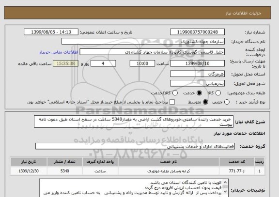 استعلام  خرید خدمت راننده ساعتی خودروهای گشت اراضی به مقدار5340 ساعت در سطح استان طبق دعوت نامه پیوست