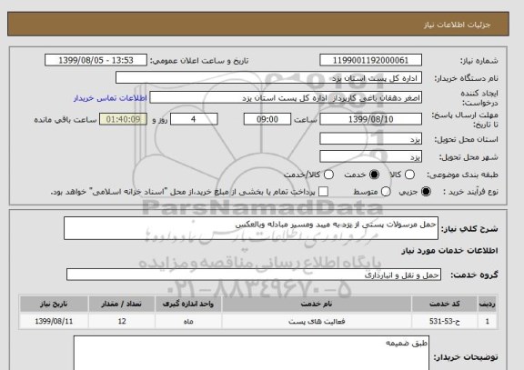 استعلام حمل مرسولات پستی از یزد به میبد ومسیر مبادله وبالعکس