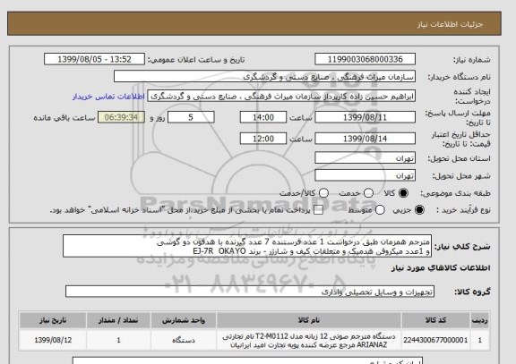 استعلام مترجم همزمان طبق درخواست 1 عدد فرستنده 7 عدد گیرنده با هدفون دو گوشی 
و 1عدد میکروفن هدمیک و متعلقات کیف و شارژر - برند EJ-7R  OKAYO