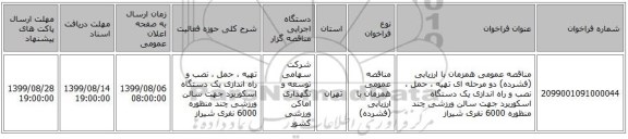 مناقصه عمومی همزمان با ارزیابی (فشرده) دو مرحله ای تهیه ، حمل ، نصب و راه اندازی یک دستگاه  اسکوربرد جهت  سالن ورزشی چند منظوره 6000 نفری شیراز