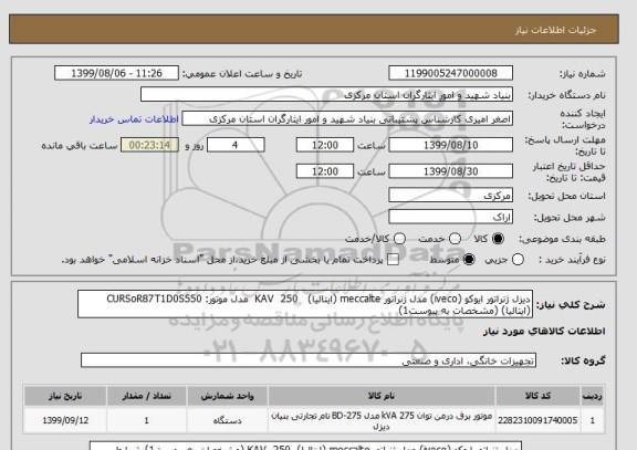 استعلام دیزل ژنراتور ایوکو (iveco) مدل ژنراتور meccalte (ایتالیا)   250  KAV  مدل موتور: CURSoR87T1D0S550 (ایتالیا) (مشخصات به پیوست1)