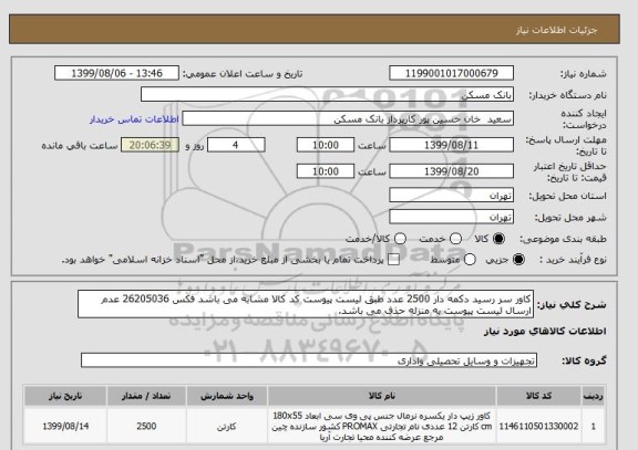 استعلام کاور سر رسید دکمه دار 2500 عدد طبق لیست پیوست کد کالا مشابه می باشد فکس 26205036 عدم ارسال لیست پیوست به منزله حذف می باشد.
