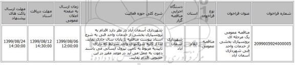 مناقصه عمومی یک مرحله ای برونسپاری بخشی از خدمات واحد فنی شهرداری آسمان آباد