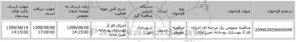مناقصه عمومی یک مرحله ای اجرای فاز 2 بهسازی رودخانه نمین چای 