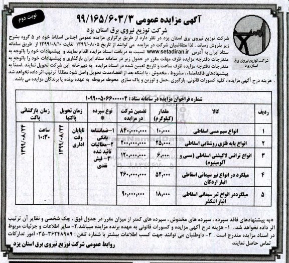 ﻿آگهی مزایده عمومی , مزایده فروش انواع سیم مسی اسقاطی... نوبت دوم 