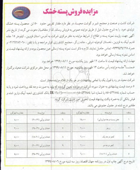 مزایده, مزایده فروش پسته خشک
