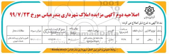 مزایده مزایده فروش املاک کاربری تجاری به مساحت 22.28 