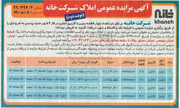 مزایده مزایده فروش چهار قطعه زمین با کاربری تجاری نوبت دوم