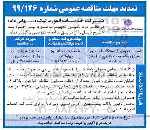 تمدید مناقصه عمومی , مناقصه تامین و تحویل 4 دستگاه تابلو برق 