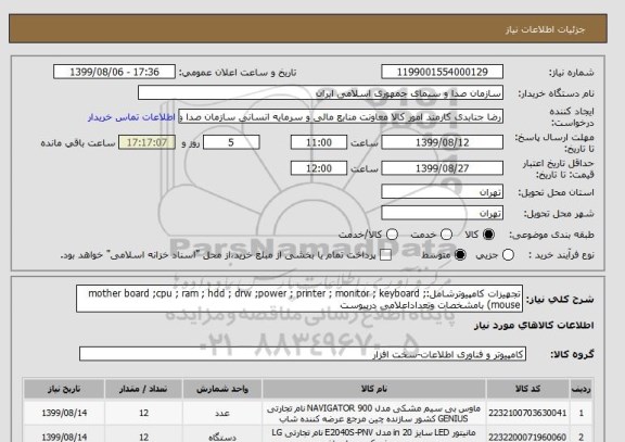 استعلام تجهیزات کامپیوترشامل:mother board ;cpu ; ram ; hdd ; drw ;power ; printer ; monitor ; keyboard ; mouse) بامشخصات وتعداداعلامی درپیوست	