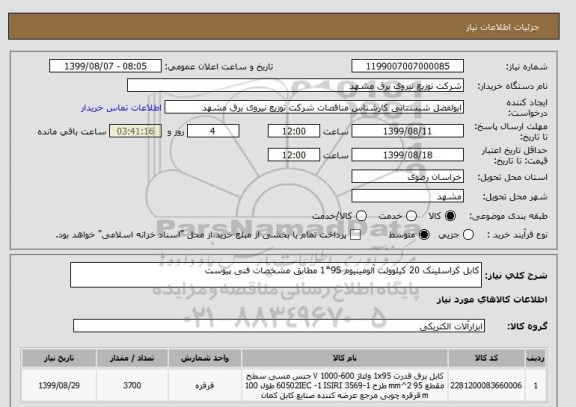 استعلام کابل کراسلینک 20 کیلوولت آلومینیوم 95*1 مطابق مشخصات فنی پیوست