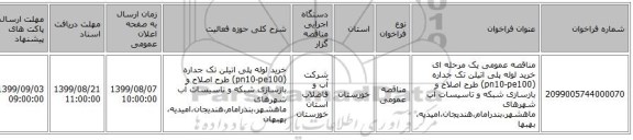 مناقصه عمومی یک مرحله ای خرید لوله پلی اتیلن تک جداره (pn10-pe100) طرح اصلاح و بازسازی شبکه و تاسیسات آب شهرهای  ماهشهر،بندرامام،هندیجان،امیدیه، بهبها