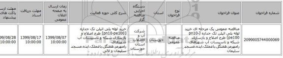 مناقصه عمومی یک مرحله ای خرید لوله پلی اتیلن تک جداره (pn10-pe100) طرح اصلاح و بازسازی شبکه و تاسیسات آب شهرهای  رامهرمز،هفتگل،باغملک،ایذه،مسجد سلیمان