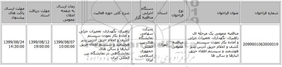 مناقصه عمومی یک مرحله ای راهبری، نگهداری، تعمیرات جزئی و آماده بکار نمودن سیستم کشف و اعلام حریق آدرس پذیر هوشمند و سیستم اطفاء حریق انبارها و سالن ها