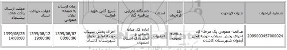 مناقصه عمومی یک مرحله ای اجرای پخش سیلاب حوضه آبخیز آبخوان شهرستان کاشان