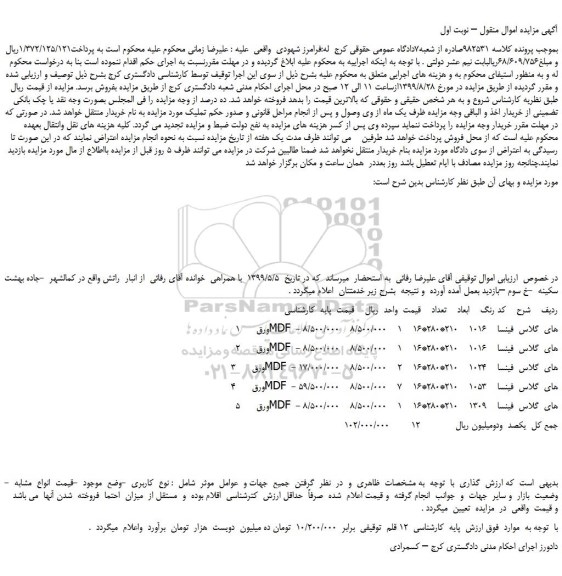 مزایده،مزایده فروش ورق  MDF  - های  گلاس  فینسا و... 