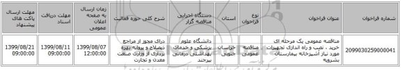 مناقصه عمومی یک مرحله ای خرید ، نصب و راه اندازی تجهیزات مورد نیاز آشپزخانه بیمارستان بشرویه