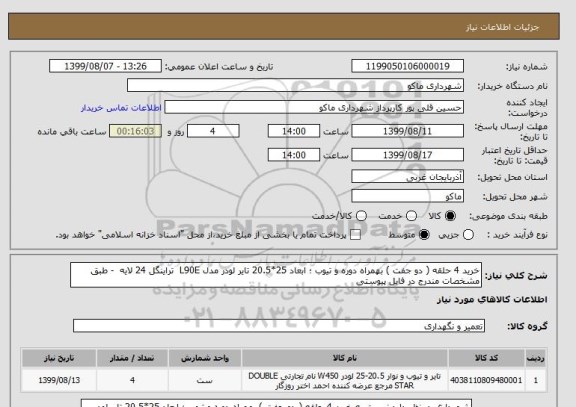 استعلام خرید 4 حلقه ( دو جفت ) بهمراه دوره و تیوب ؛ ابعاد 25*20.5 تایر لودر مدل L90E  تراینگل 24 لایه  - طبق مشخصات مندرج در فایل پیوستی 