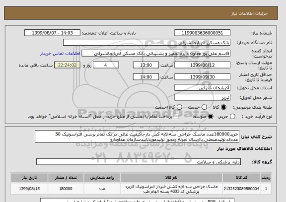 استعلام خرید180000عدد ماسک جراحی سه لایه کش دار-باکیفیت عالی در پک تمام پرسی التراسونیک 50 عددی،تولیدصنعتی باارسال نمونه ومجوز تولیدموردتاییدسازمان غذاودارو