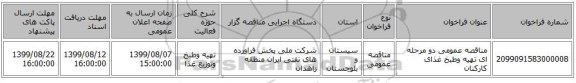 مناقصه عمومی دو مرحله ای تهیه وطبخ غذای کارکنان 