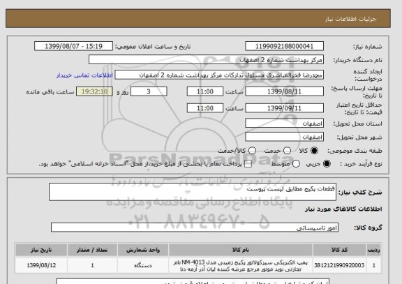 استعلام قطعات پکیج مطابق لیست پیوست