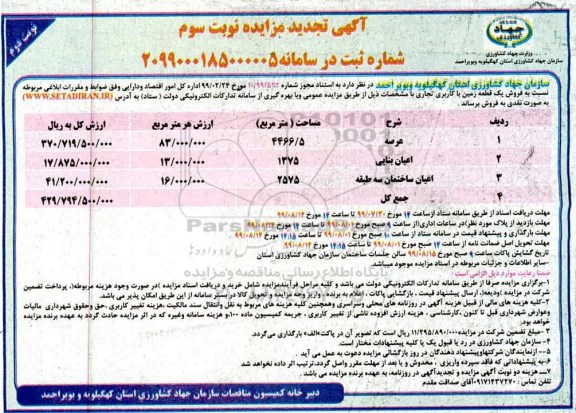 مزایده،مزایده فروش یک قطعه زمین با کاربری تجاری نویت سوم