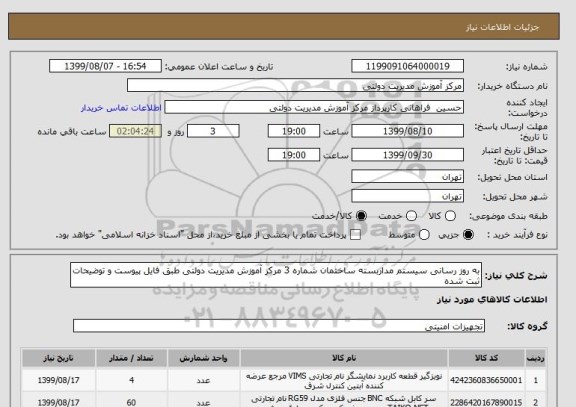 استعلام به روز رسانی سیستم مداربسته ساختمان شماره 3 مرکز آموزش مدیریت دولتی طبق فایل پیوست و توضیحات ثبت شده