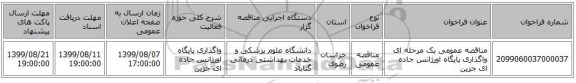 مناقصه عمومی یک مرحله ای واگذاری پایگاه اورژانس جاده ای جزین