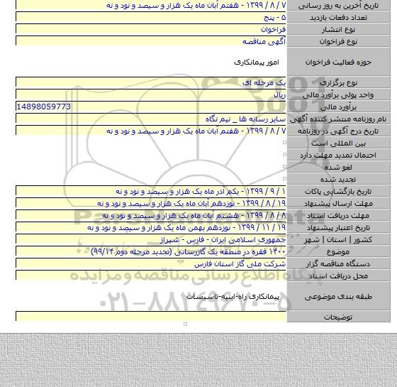 ۱۴۰۰ فقره در منطقه یک گازرسانی (تجدید مرحله دوم ۹۹/۱۴)