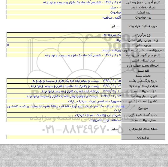 عملیات اجرای  ۱۵۰ متر  شبکه جمع آوری فاضلاب و ۲۸۵ فقره انشعابات پراکنده کلانشهر ارا ک