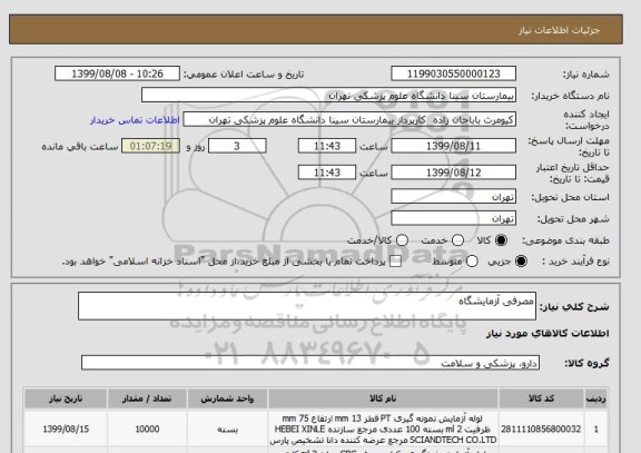 استعلام مصرفی آزمایشگاه