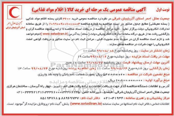 مناقصه، مناقصه خرید کالا (اقلام مواد غذایی)
