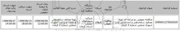 مناقصه عمومی دو مرحله ای تهیه مصالح، ساماندهی و احداث سر درب شهرک صنعتی شماره 2 کرمان 
