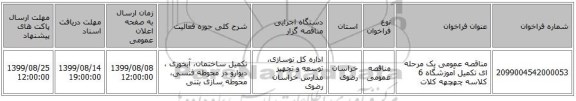مناقصه عمومی یک مرحله ای تکمیل آموزشگاه 6 کلاسه چهچهه کلات