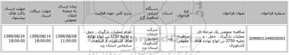 مناقصه عمومی یک مرحله ای  عملیات بارگیری ، حمل ، و تخلیه 3750 تن انواع نهاده های کشاورزی