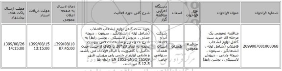 مناقصه عمومی یک مرحله ای خرید ست کامل لوازم انشعاب فاضلاب (شامل لوله ، انشعابگیر ، سیفون ، دریچه چدنی ، درپوش لاستیکی ، بوشن رابط) 