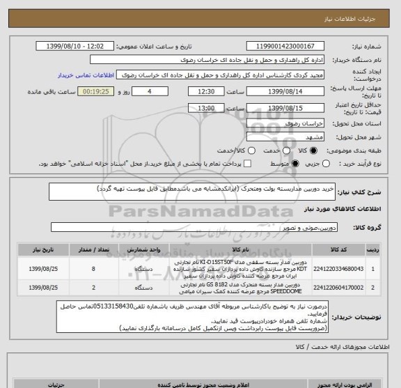 استعلام خرید دوربین مداربسته بولت ومتحرک (ایرانکدمشابه می باشدمطابق فایل پیوست تهیه گردد)